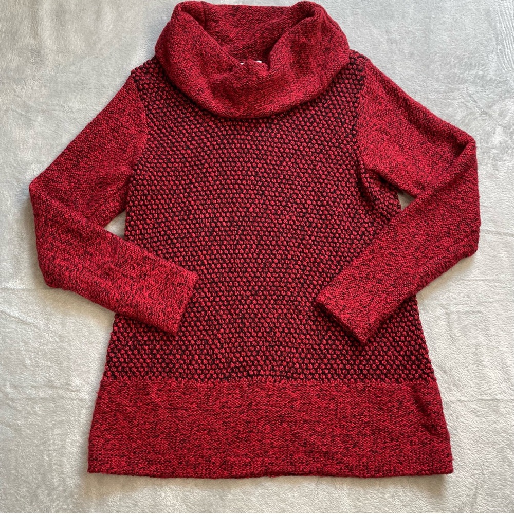 J.Jill Tunic Sweater Small Cowl Neck Red Black Marl Textured Knit‎